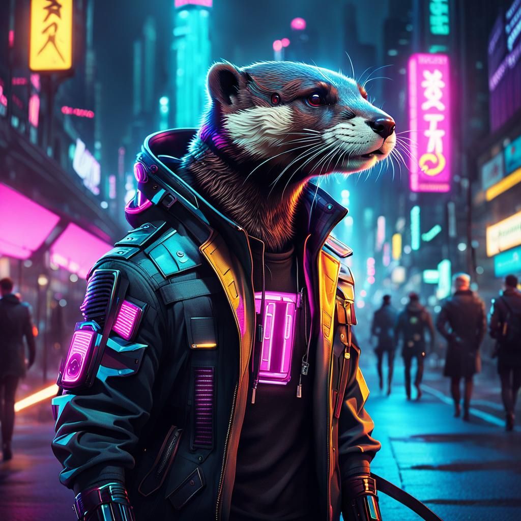 Cyberpunk Otter Walking in Neon City