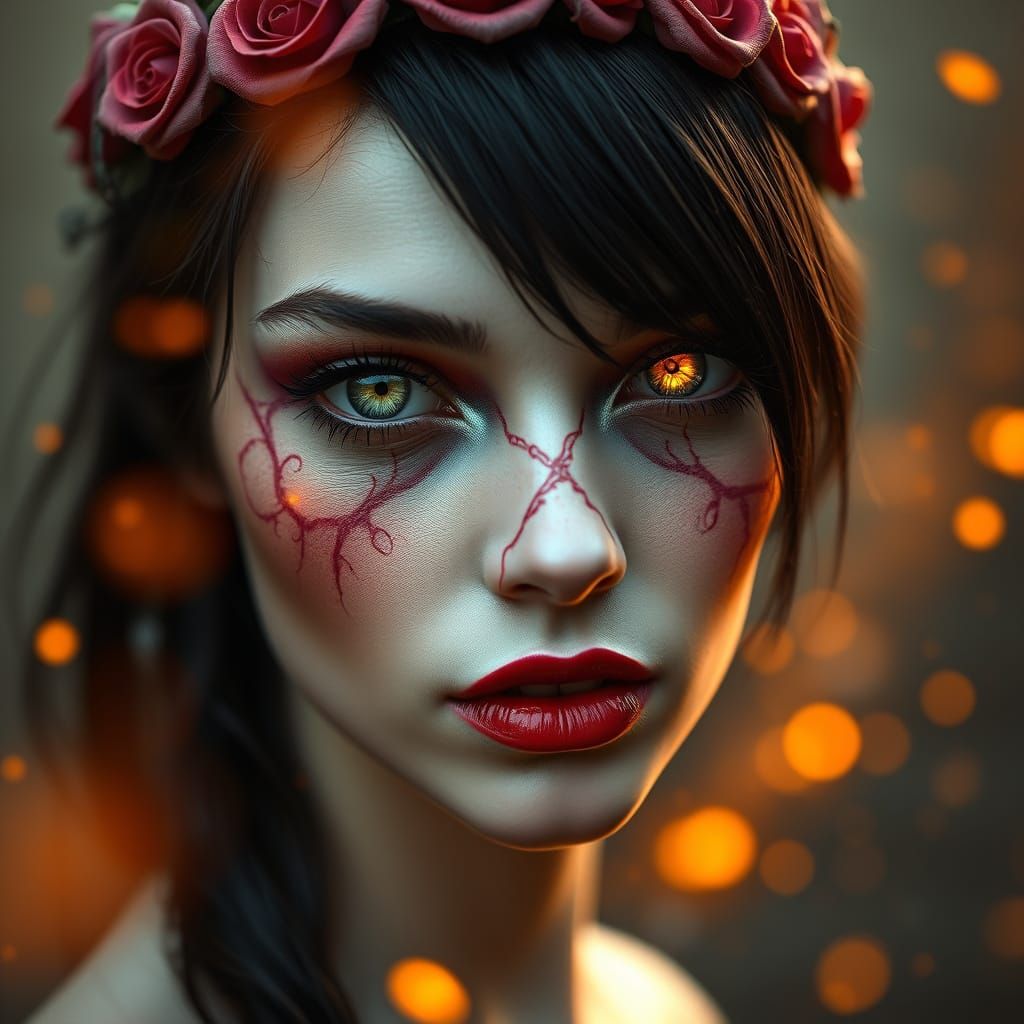 Ember-Eyed Woman with Fractal Veins, Dark Fantasy Portrait