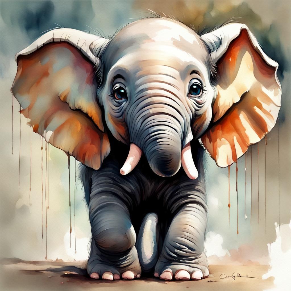 Whimsical Watercolor Portrait: Adorable Chibi Elephant Baby
