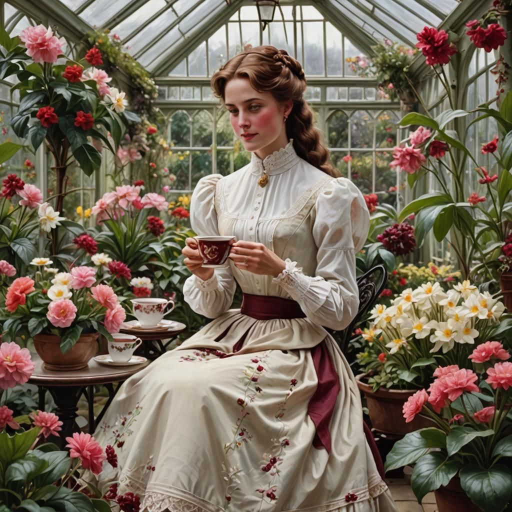 A fine Victorian lady enjoying a cup of tea in a conservatory with flowers all around. She wears a white blouse and long...