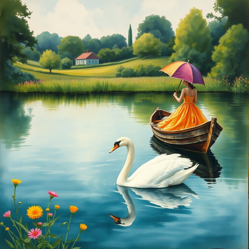 Surreal Swan Glides Across Tranquil Countryside Lake in Drea...