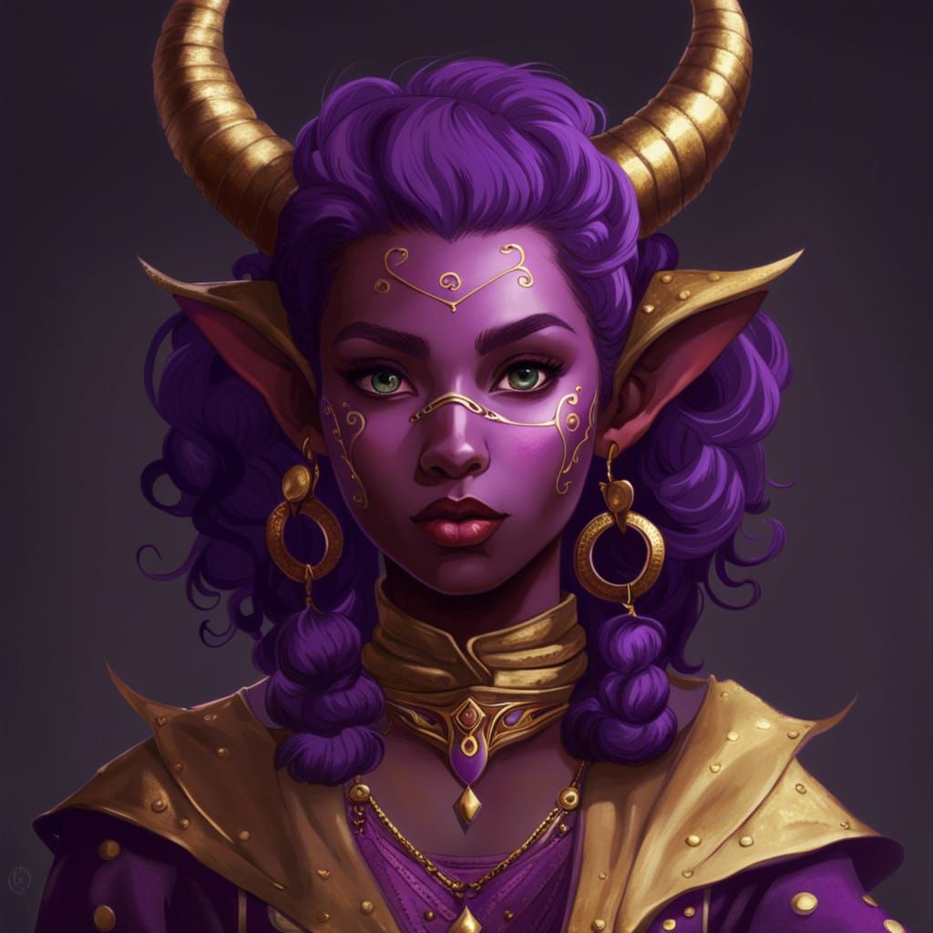 Whimsical Purple Tiefling Warlock with Gold Accents