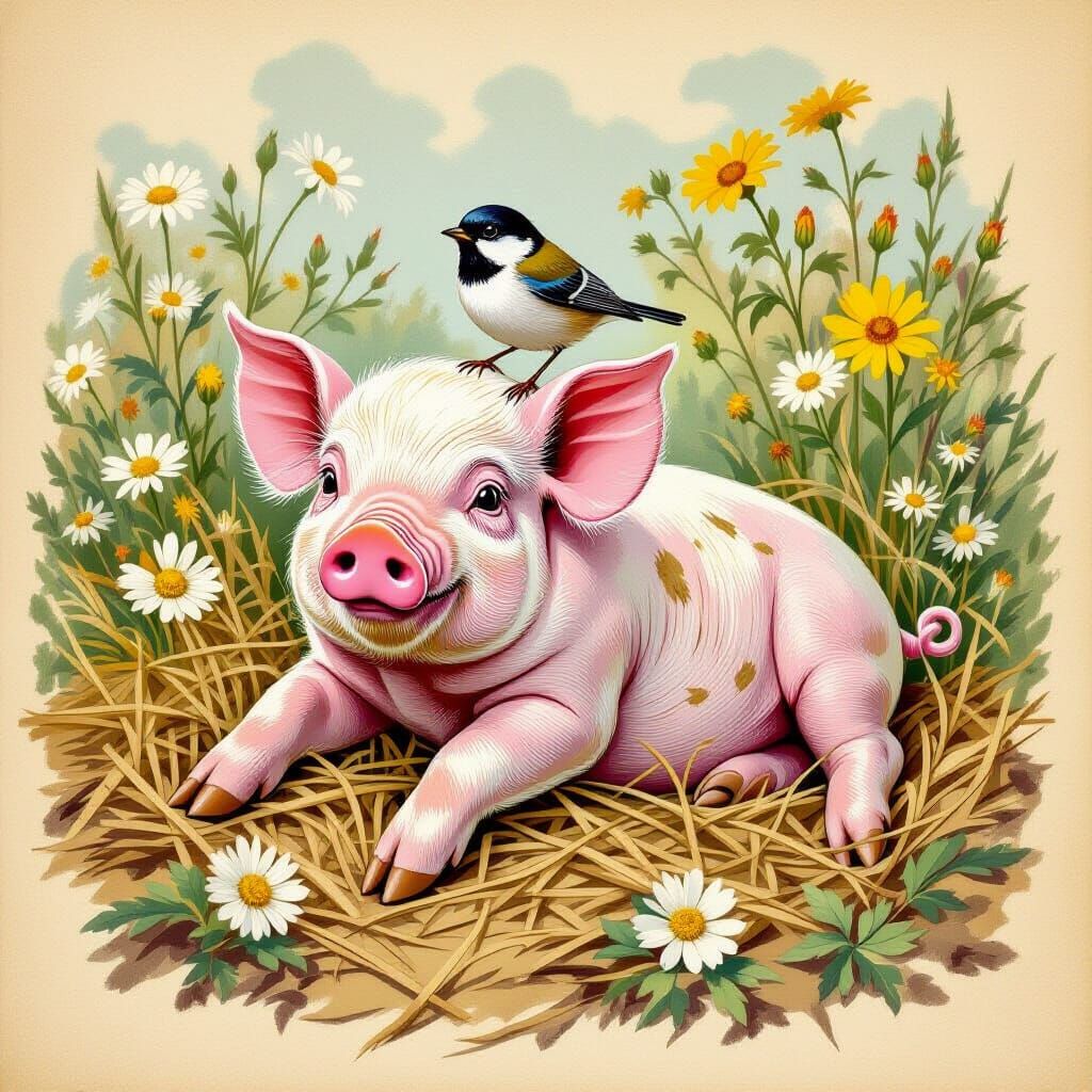 Piglet and Songbird in Audubon Style