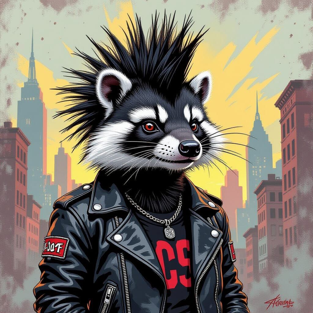 Punk Skunk with Mohawk in Gouache Painting