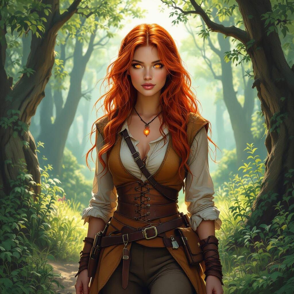 Amber-Eyed Woman Enters Mystical Forest Clearing