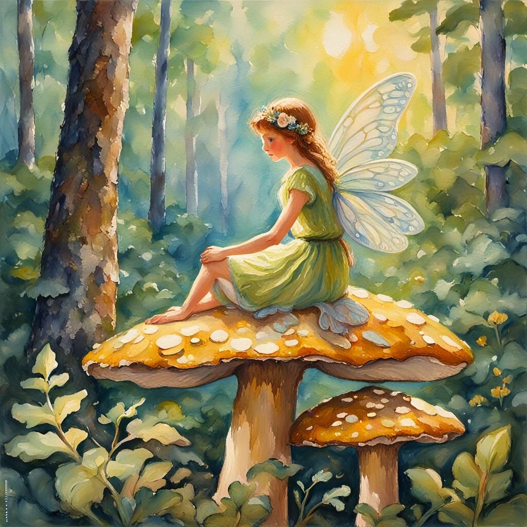 Fairy Perched on Mushroom in Impressionist Gouache Style