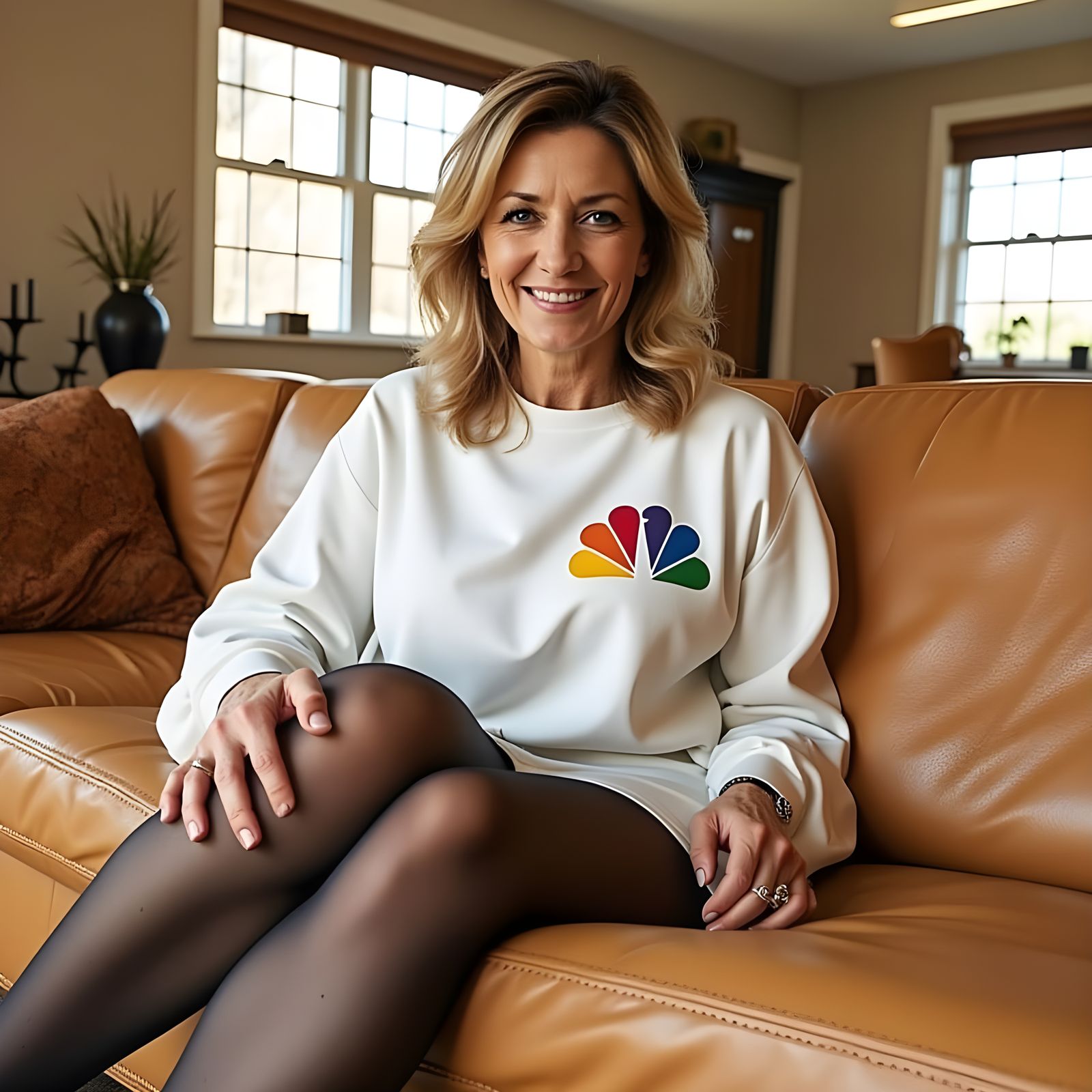 Cheerful Woman in 1990s Fashion Wears Oversized White NBC T ...