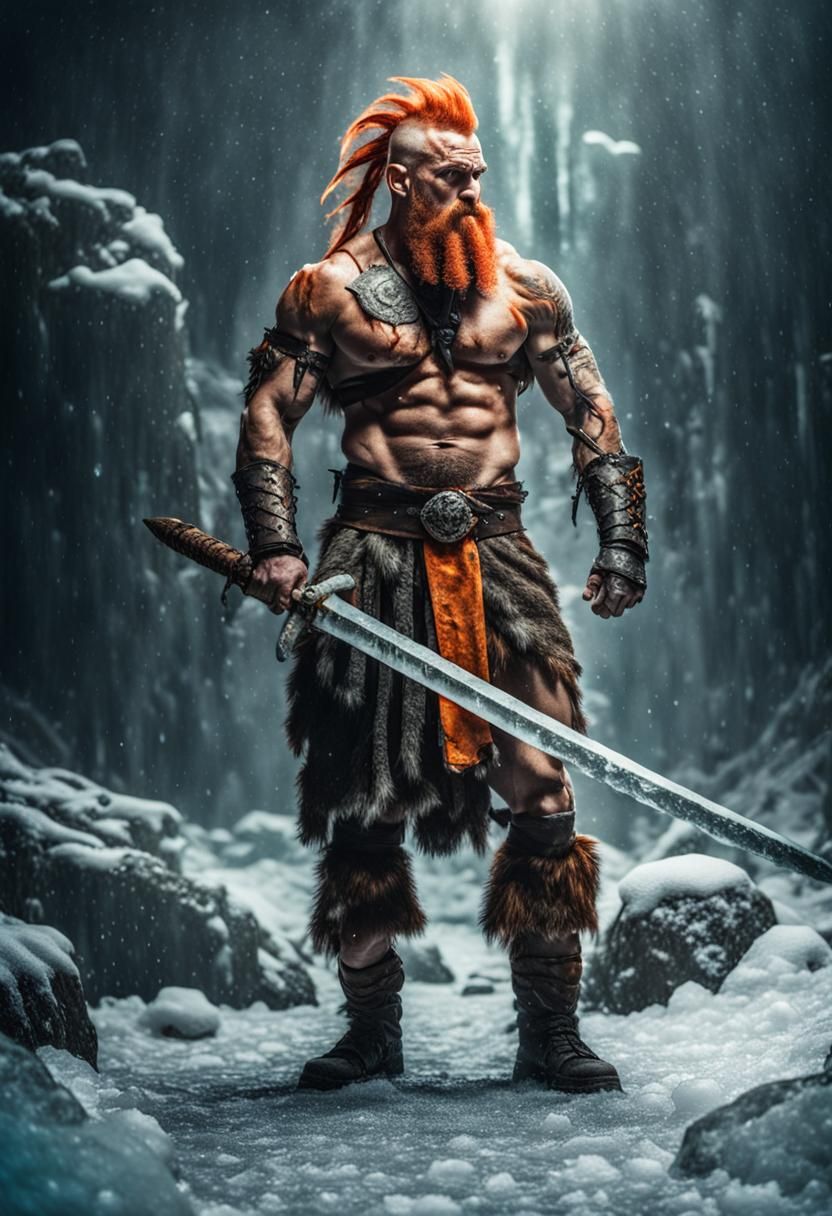 Epic Barbarian with Ice Sword in Medieval World