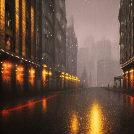 Melancholic Cityscape with Bokeh Rain in Detailed Digital Ar...