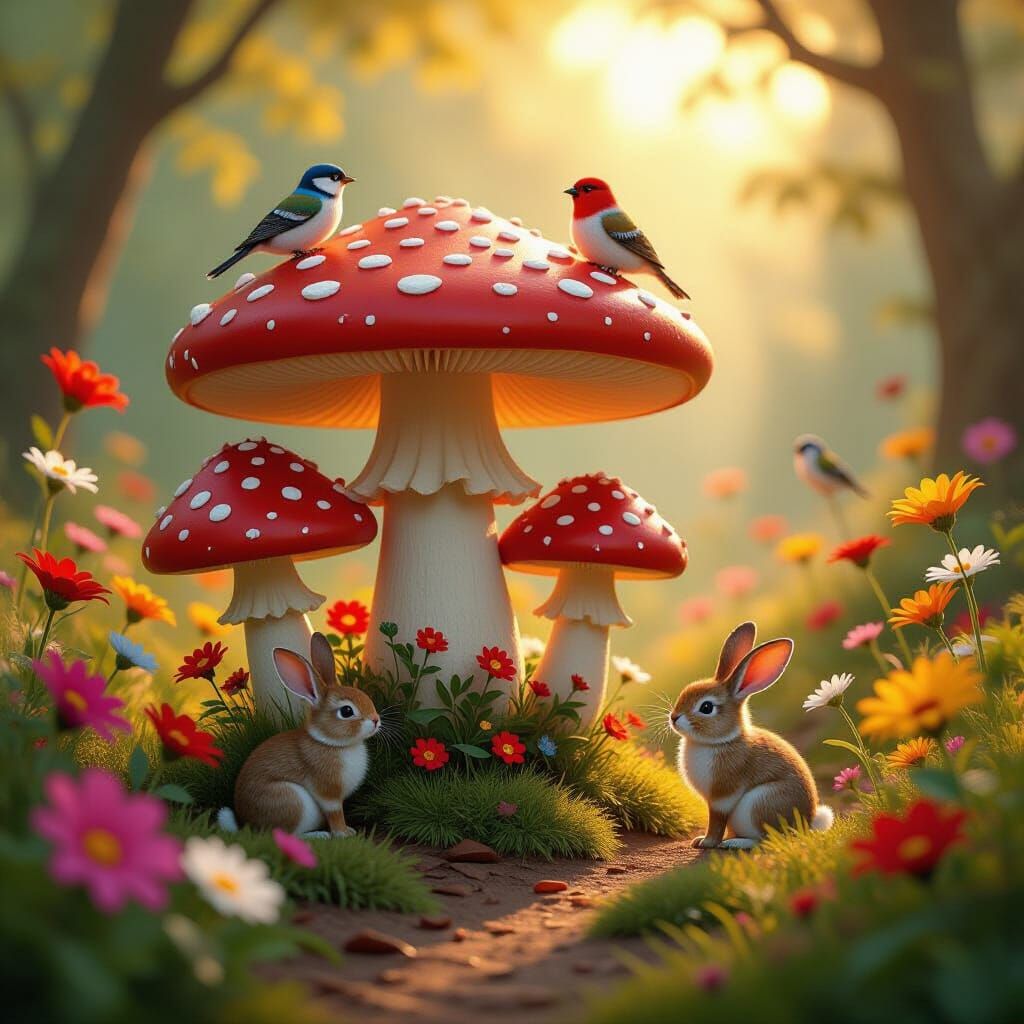 Whimsical Fairytale Scene with Giant Mushrooms and Animals