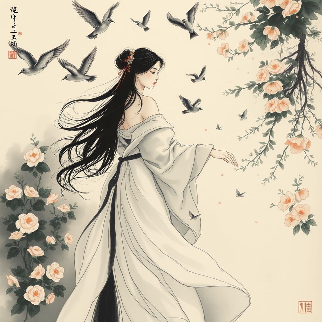 Ethereal Garden Scene in Traditional Chinese Ink Style