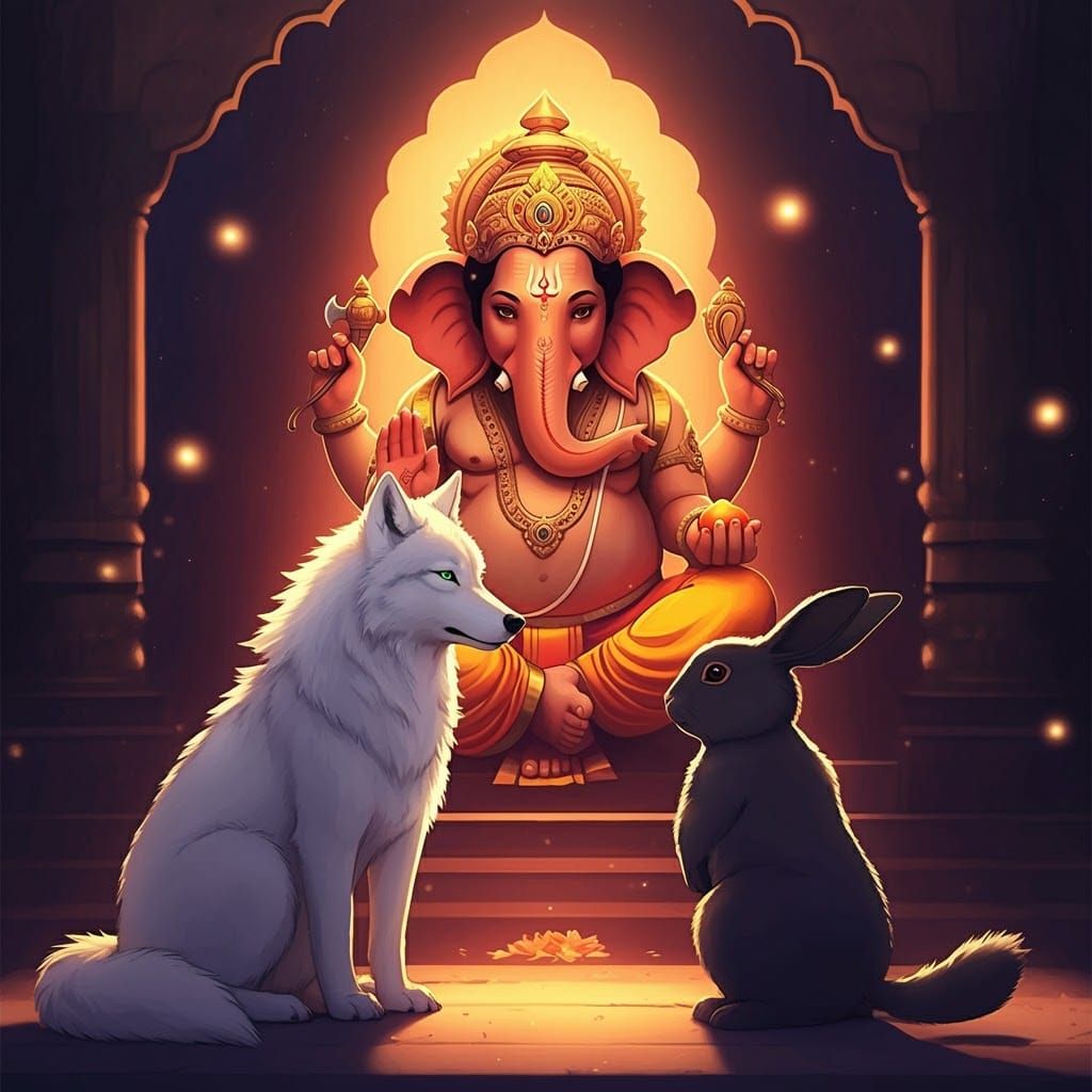 Wolf and Rabbit Visit Ganesha: Anime-Inspired Art