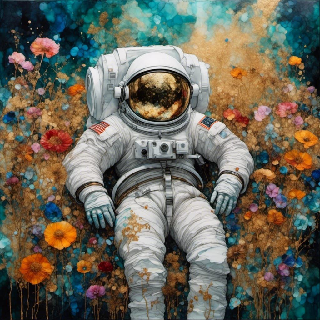 Astronaut Drifting Through Cosmic Flowers in Alcohol Ink