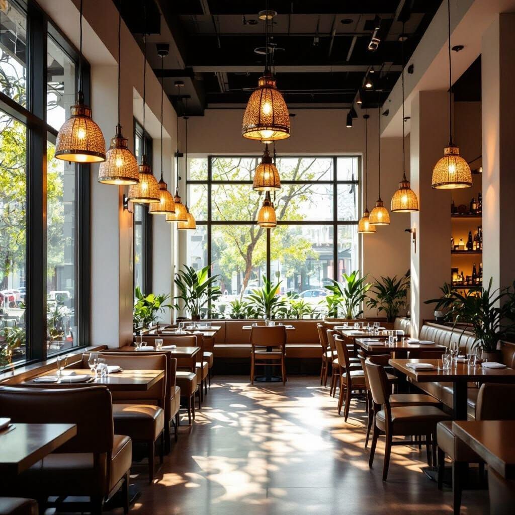 Spacious Indian Restaurant with Bright White Minimalist Inte...