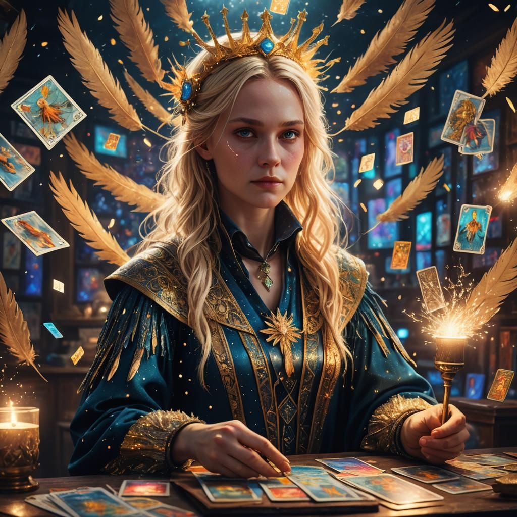 Blonde Magician with Phoenix Feathers in Digital Art