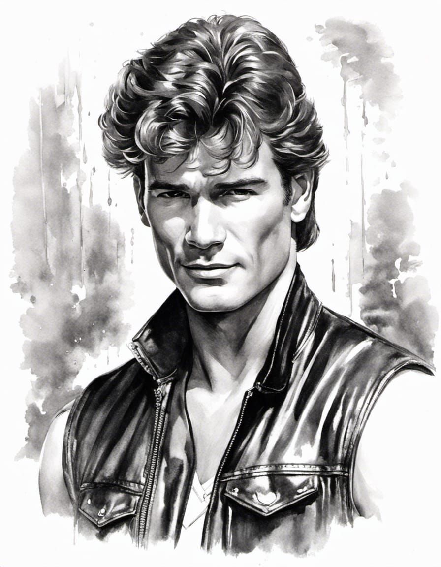 Patrick swayze as Johnny castle from the 1987 film Dirty Dancing, dressed in black jeans and a black sleeveless vest to...