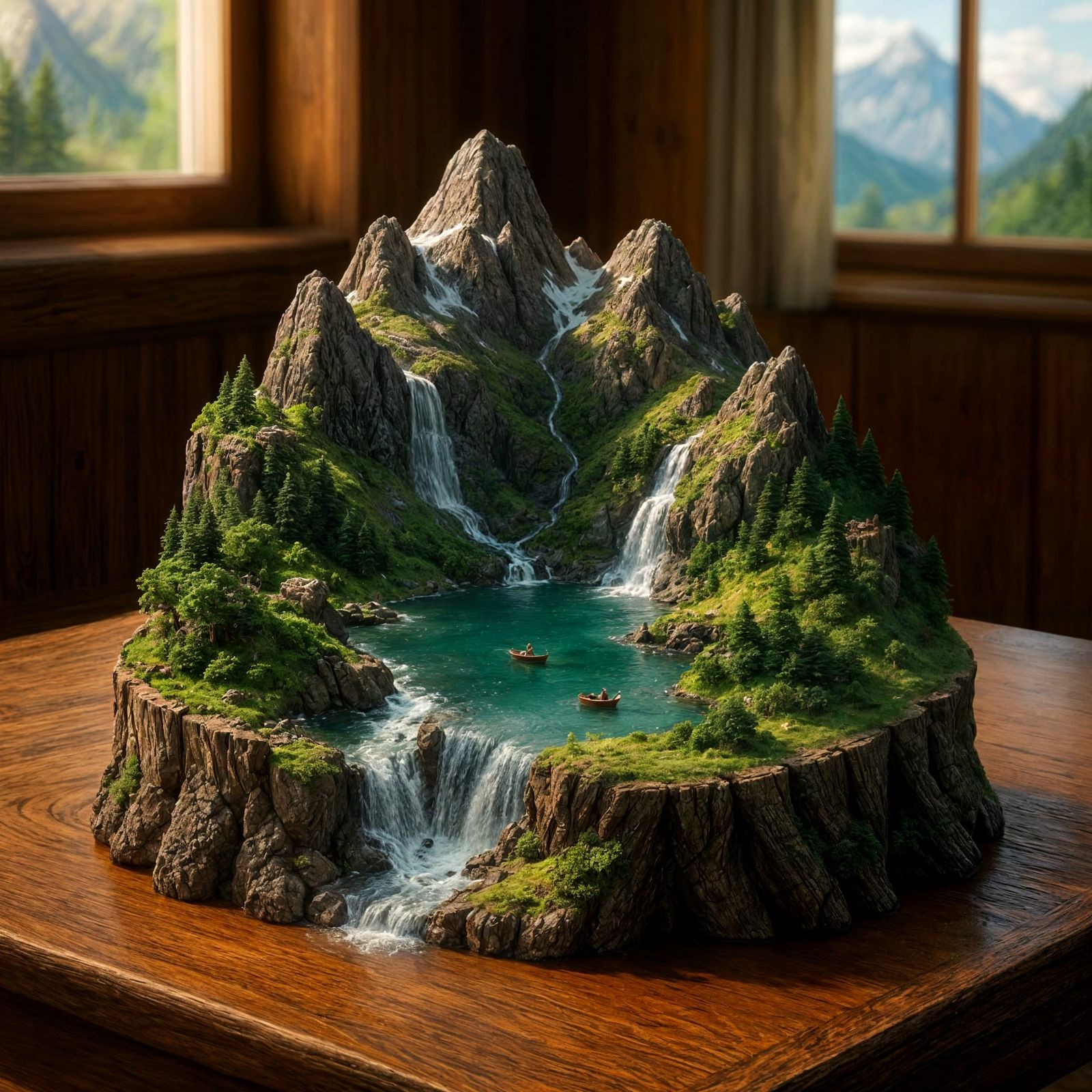 Miniature Mountain Lake Landscape on Tree Trunk