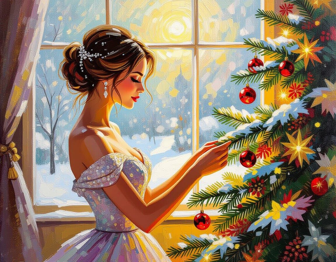 Elegant Woman Decorates Christmas Tree in Neo-Impressionist ...