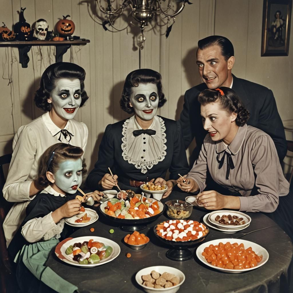 Creepy Family Halloween Celebration in 1950s Style