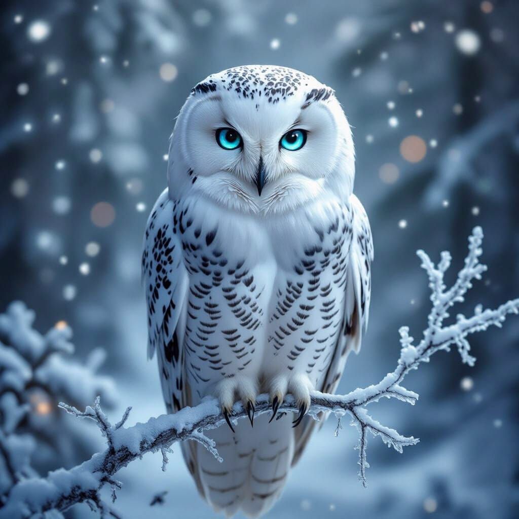 Snow Owl with Braided Feathers in Frozen Forest
