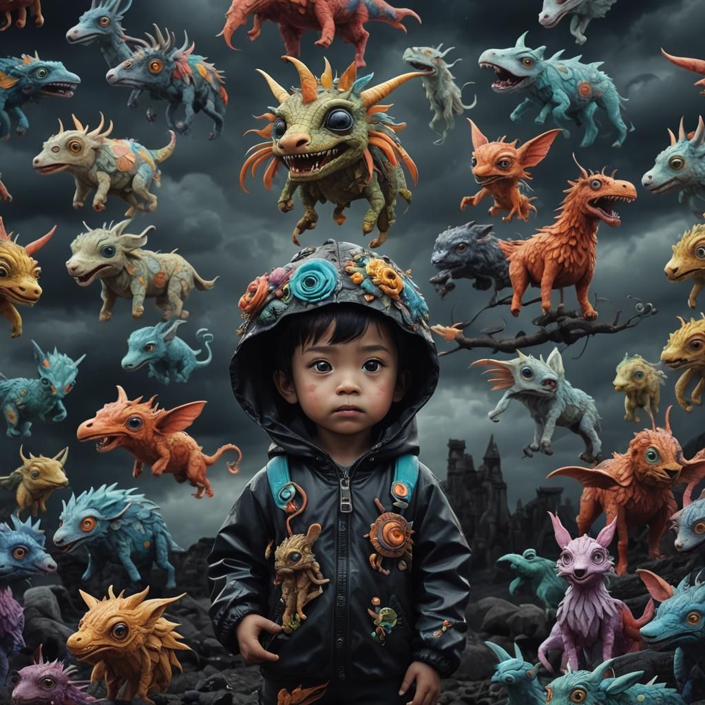 Boy with Mythical Creatures in Surrealist Style