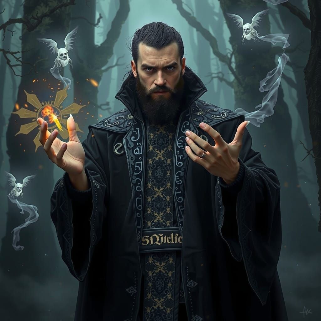 Enigmatic Dark Fantasy Wizard in Embroidered Robes