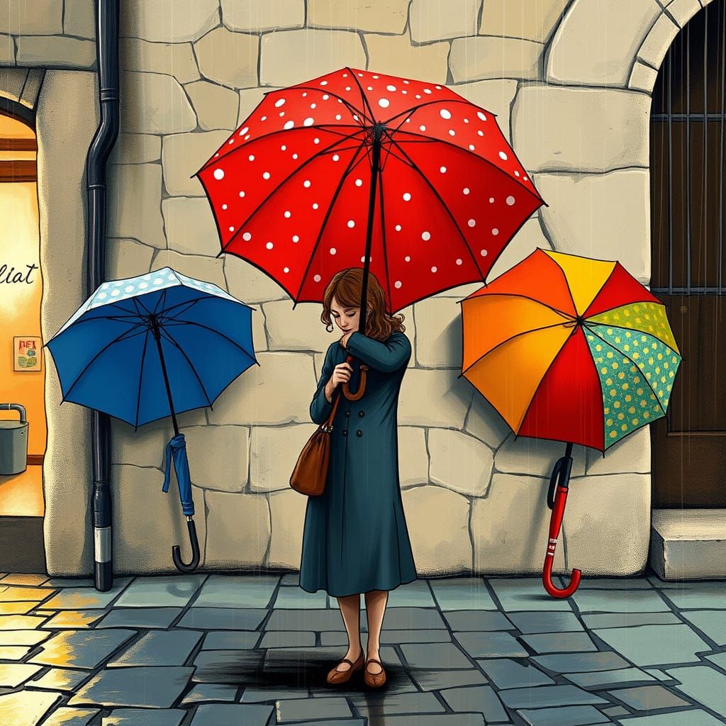 Whimsical Old-Town Street Scene with Colorful Umbrellas