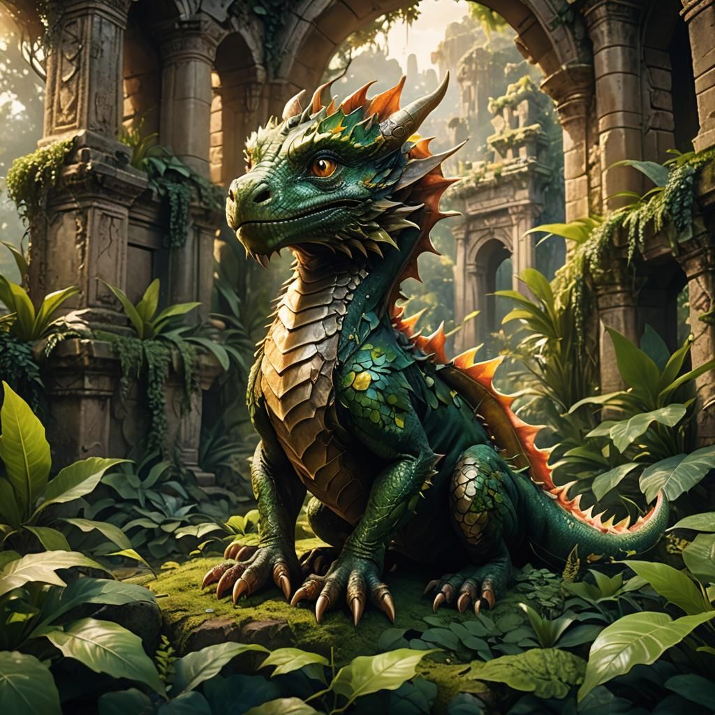 Baby Dragon Upside Down in Lush Ruins