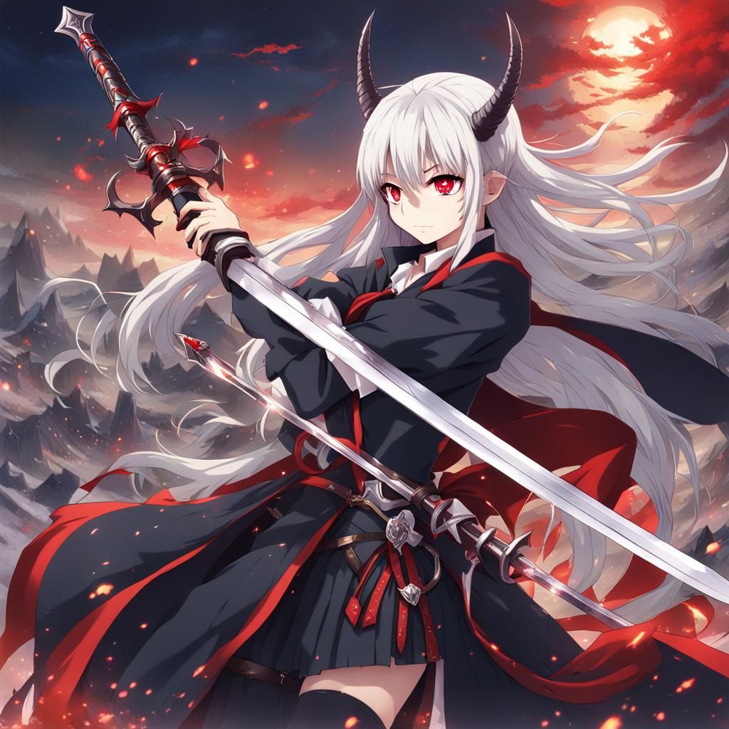 Anime Devil Girl with Sword in Manga Style