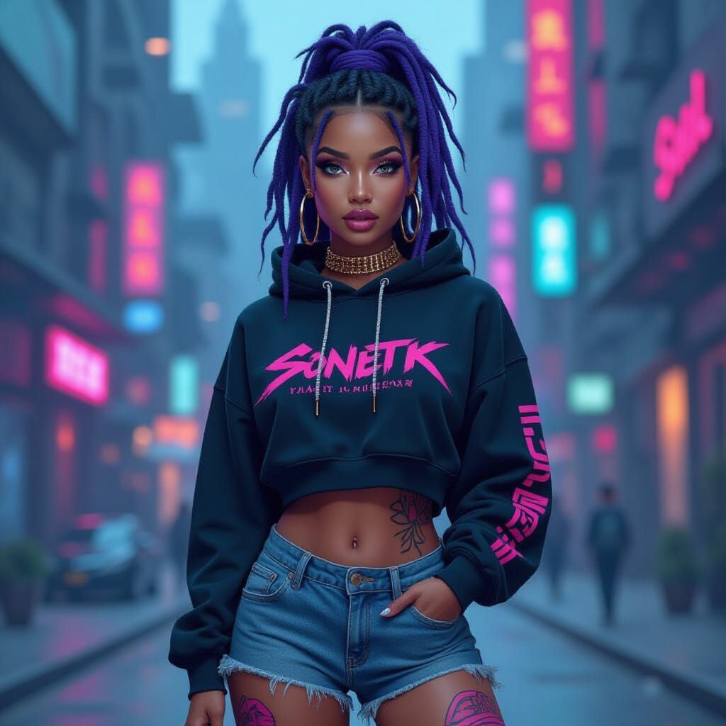 Cyberpunk Woman with Bold Tattoos and Neon Dreadlocks