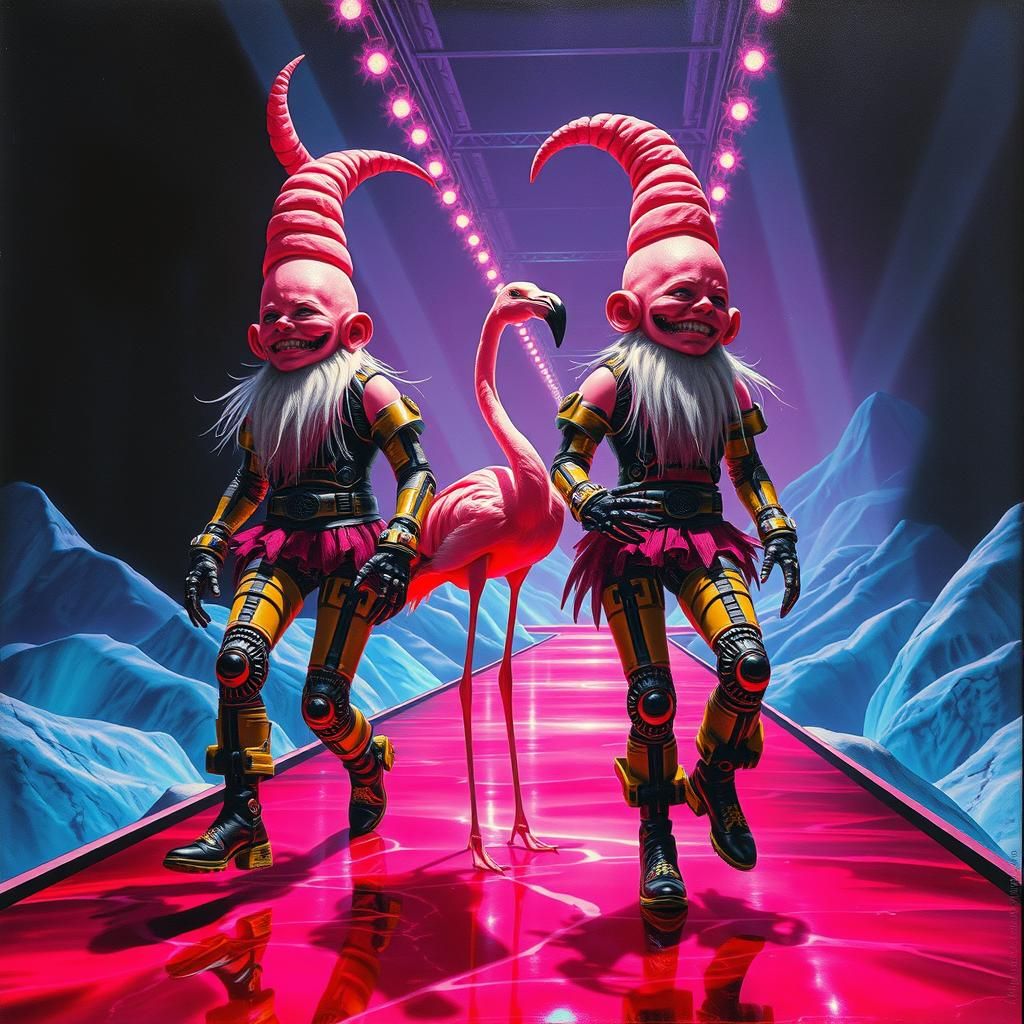 Giger-Inspired Gnomes Strutting on Futuristic Catwalk