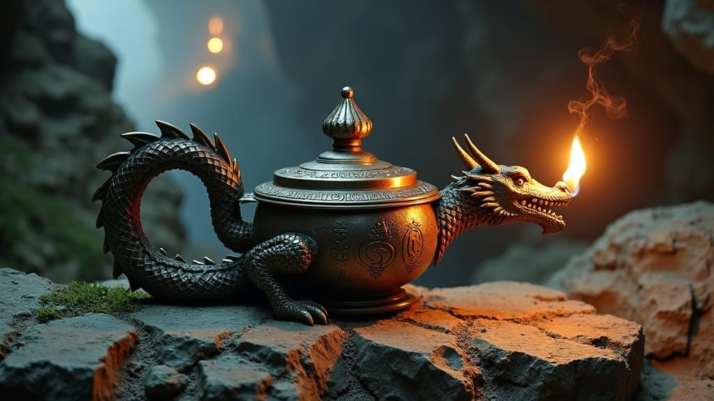 Dragon Oil Lamp in Cave with Glowing Runes
