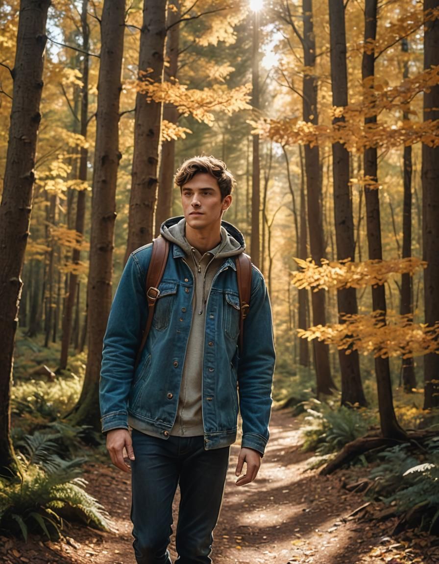 Man Hiking Through Autumn Forest in Golden Light