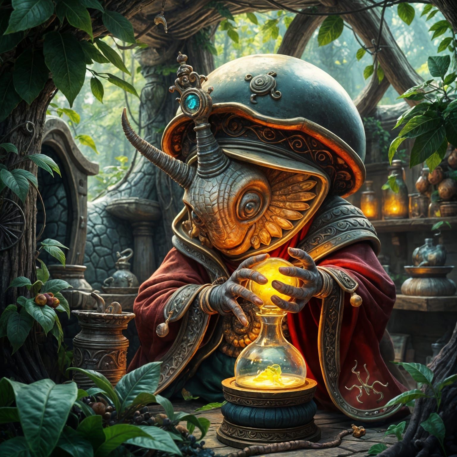 Snail Alchemist in Woodland Shack: Fantasy Concept Art