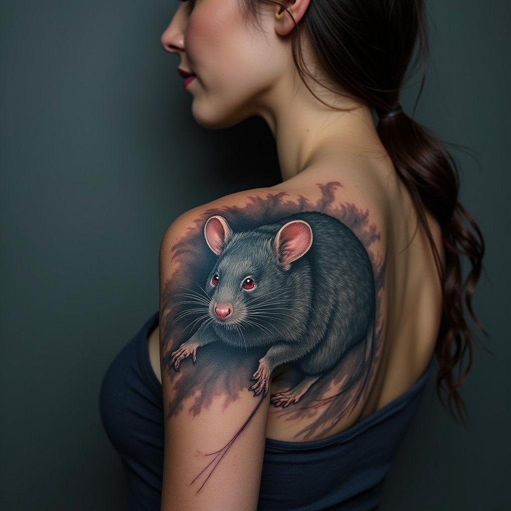 Woman's Detailed Rat Tattoo in Airbrush Art Style