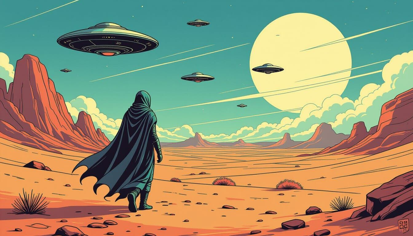 Moebius-Inspired Traveler on Desert Planet in Retro Sci-Fi