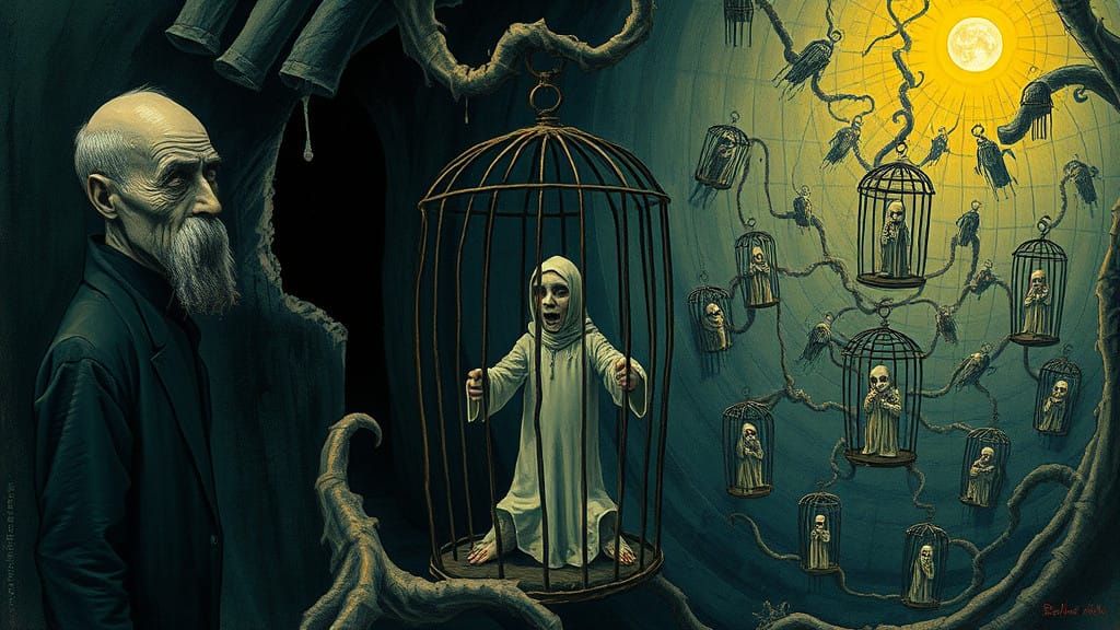 Surrealist Dreamscape Trapped in Ominous Cage with Twisted S...