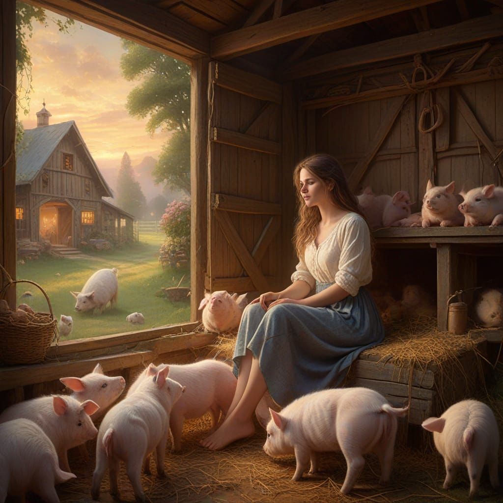 Ethereal Woman Plays with Pigs in Summer Barn