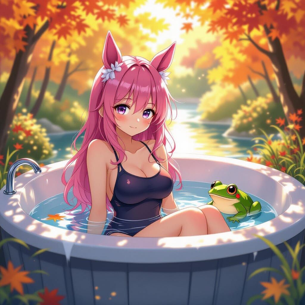 Anime Girl in Bathtub with Frog, Autumn Foliage