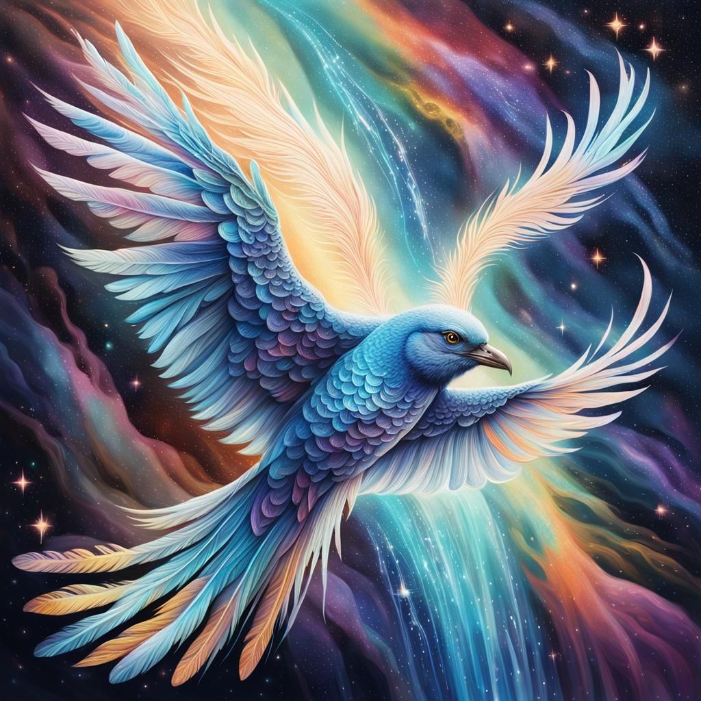 Ethereal Bird with Cosmic Waterfall and Galaxy