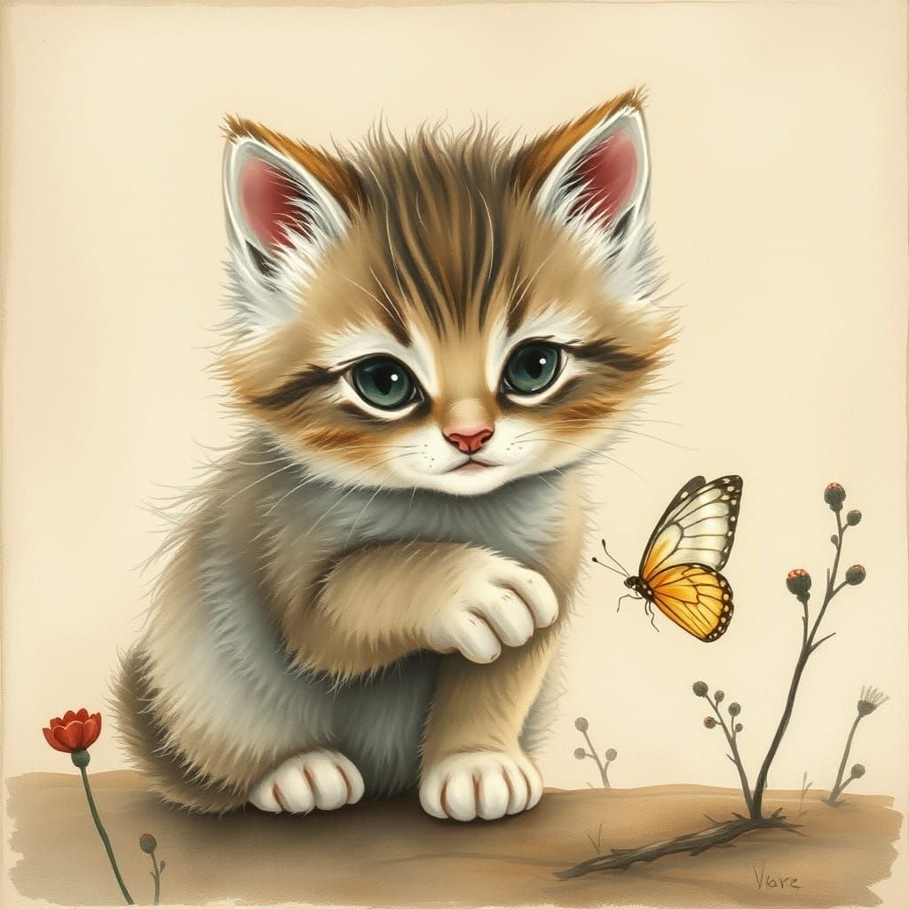Whimsical Fairy Tale Kitten Interacts with Butterfly in a Dr...