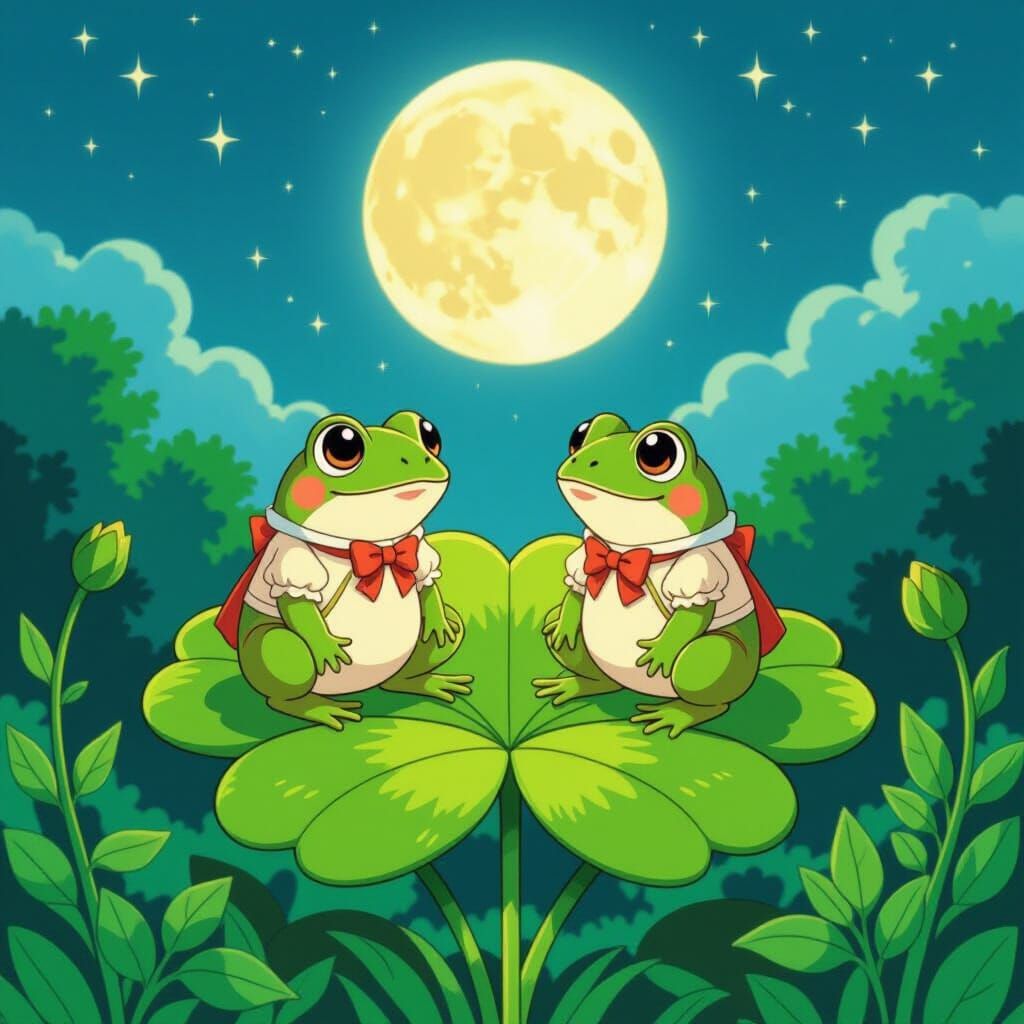 Frogs on Clover in Anime Style