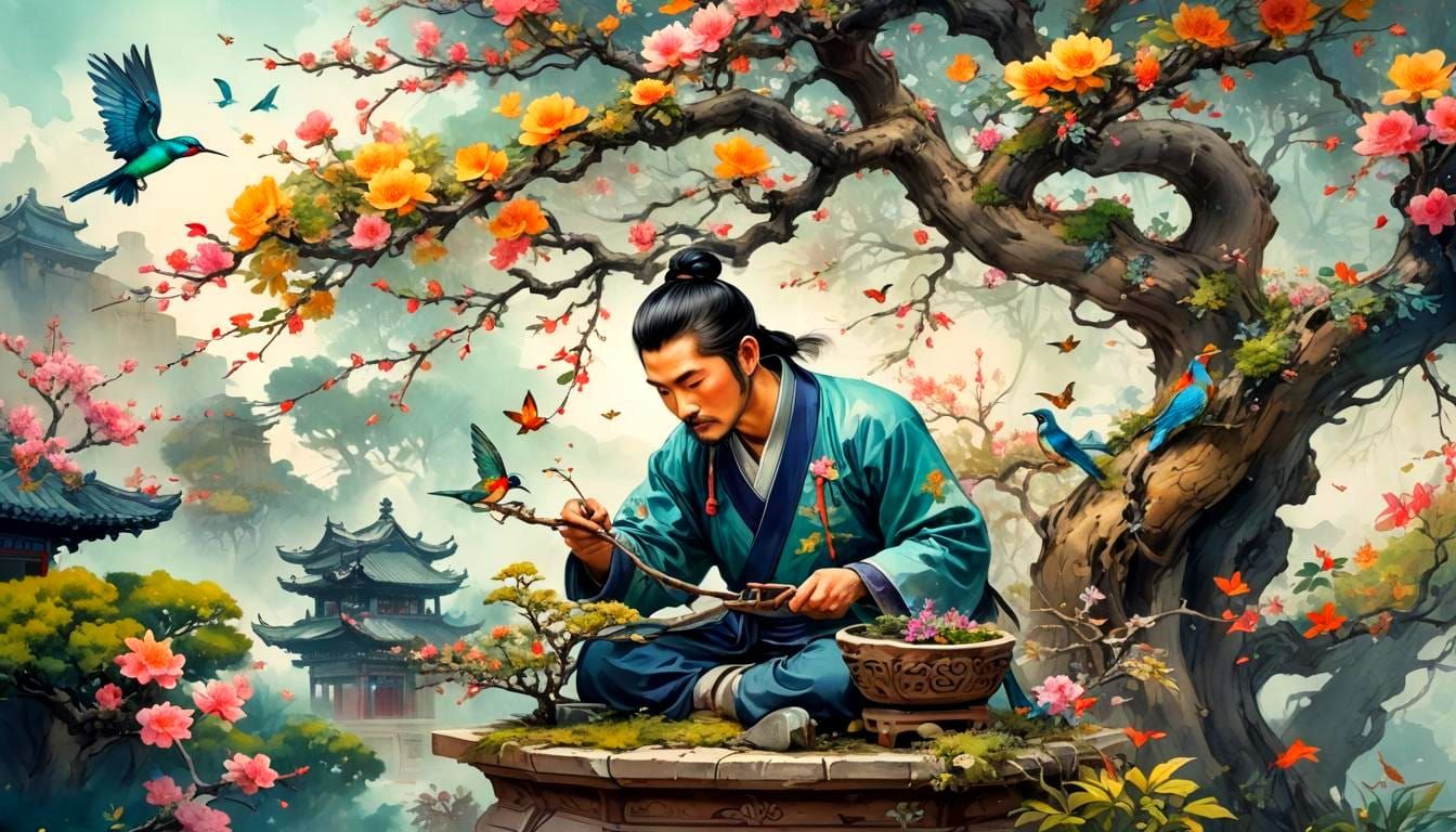 Chinese Imperial Gardener Pruning Bonsai in Qing Dynasty Pal...