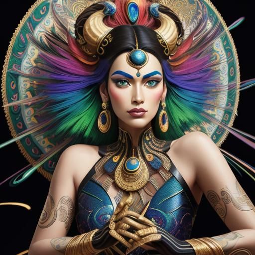 Pop Art Woman with Rainbow Serpent and Peacock Feathers