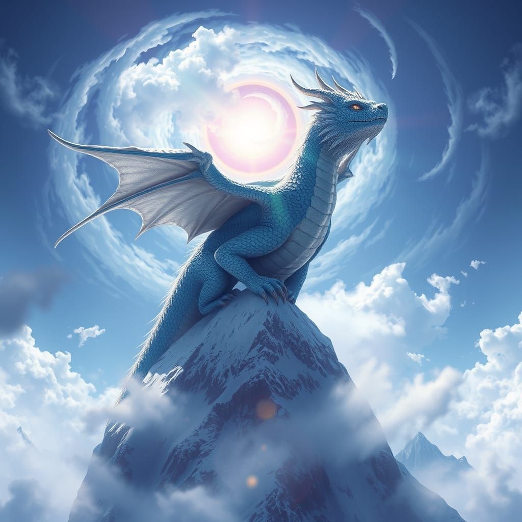 Dragon on Snowy Peak in Fantasy Style