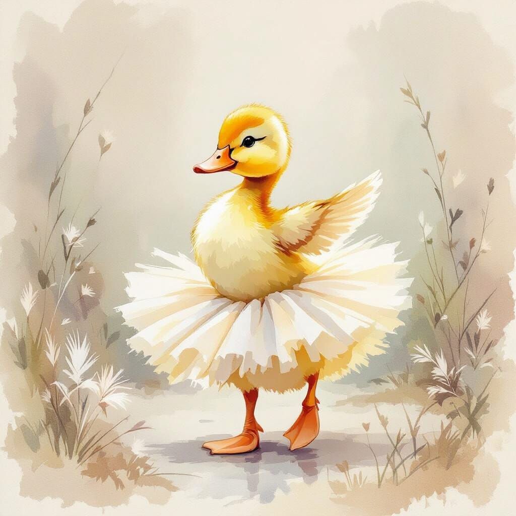 Duckling Ballerina in Watercolor Style