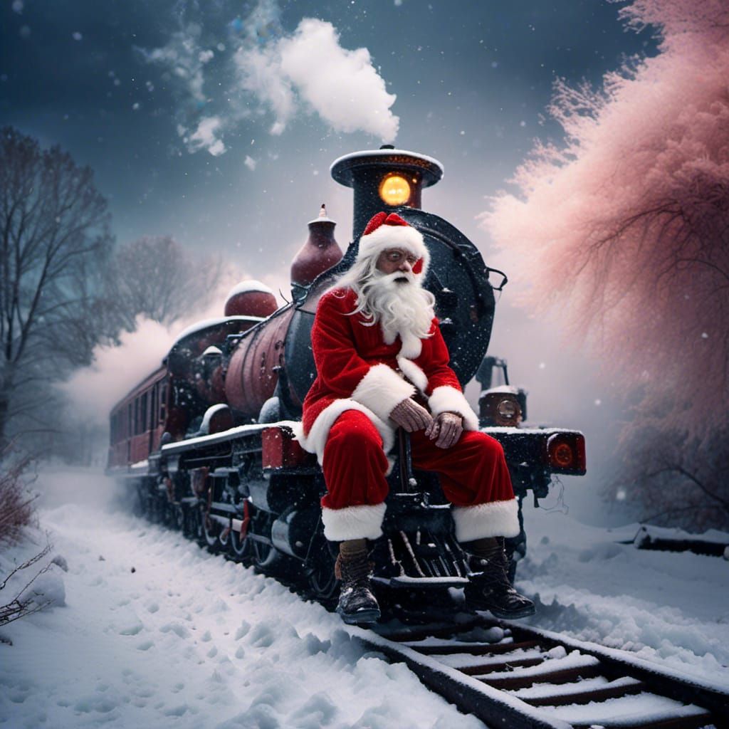 Santa on Steam Train: Hyperrealistic Splash Art