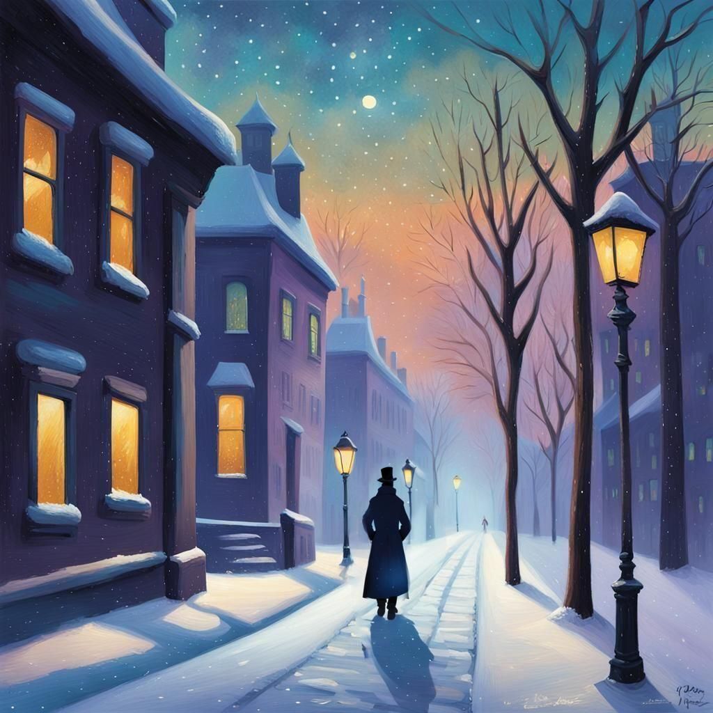 Snow-Luminated Street at Night in Naive Art Style