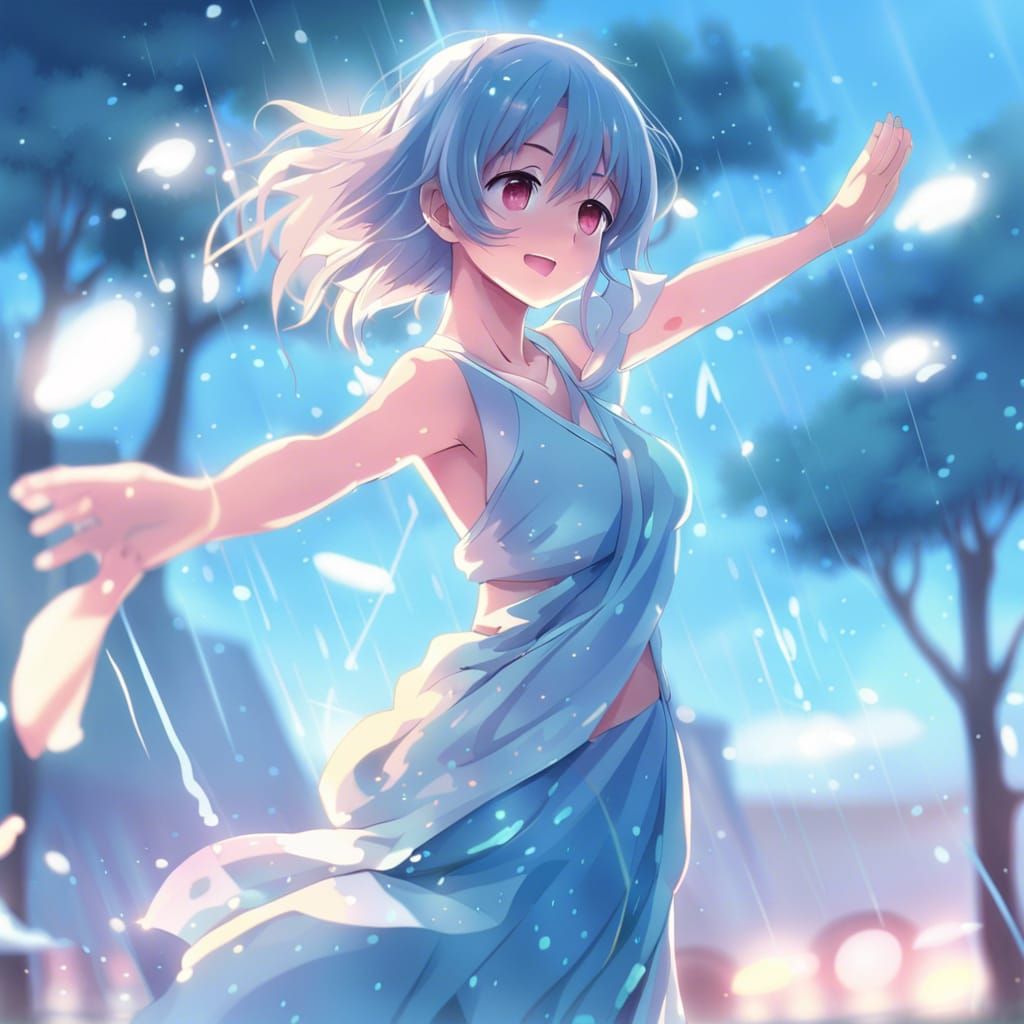 Anime Girl Dancing in Rain in Manga Style