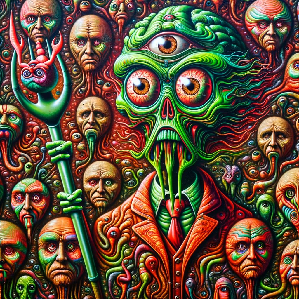 Alien Magician with Floating Faces and Crab Creatures